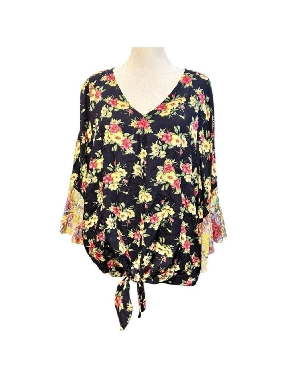 UMGEE Floral Paisley Mixed Print Boho Surplice Top Ruffle Sleeves Size 1XL VGC